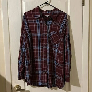 Women’s🔥 love, fire, long sleeve maroon and blue plaid shirt size 2 XL NWOT